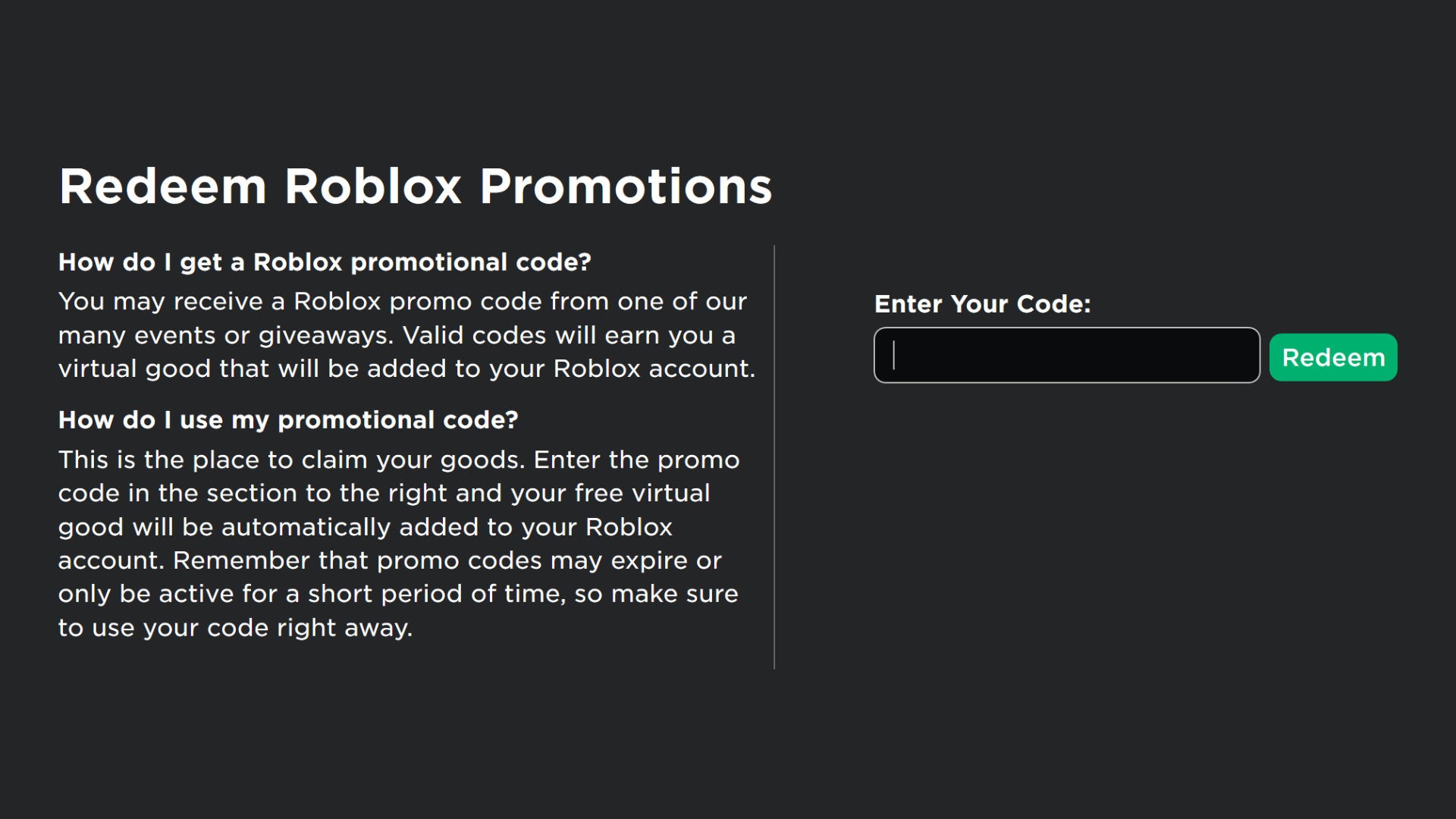 A screenshot of the Roblox promo code page, where you can enter codes to redeem them for free items. - 3