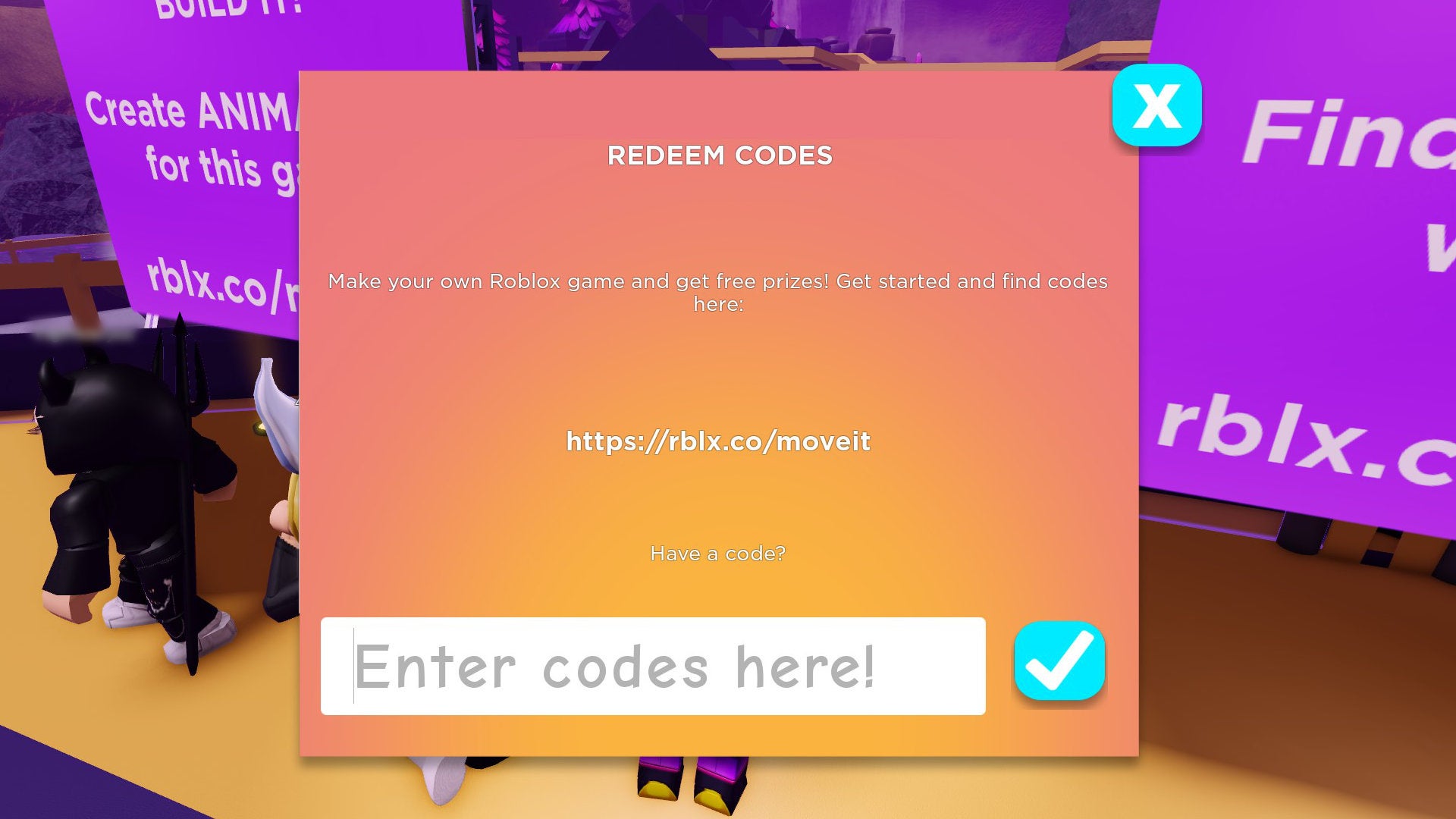 A screenshot of part of the process of redeeming a Roblox promo code in the Island Of Move. - 7