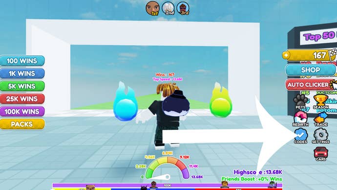 An in-game screenshot of Roblox game Race Clicker with an arrow pointing at the button players need to press to redeem a code.