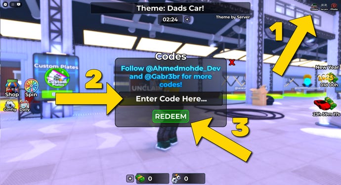 The code redeem window in Rate My Car, a Roblox game, with yellow arrows and numbers explaining the code redemption process.