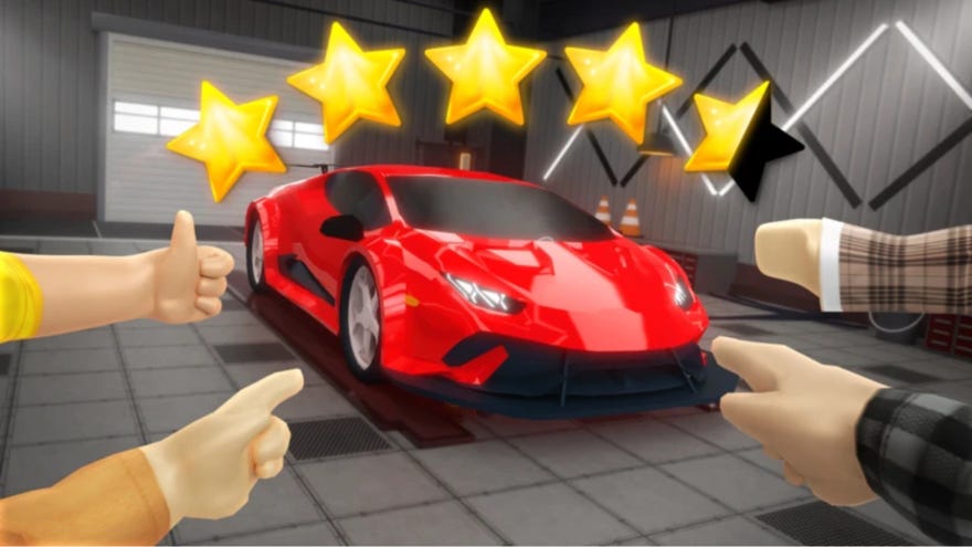 A group of hands points towards a red car in a showroom in Rate My Car, a Roblox game.