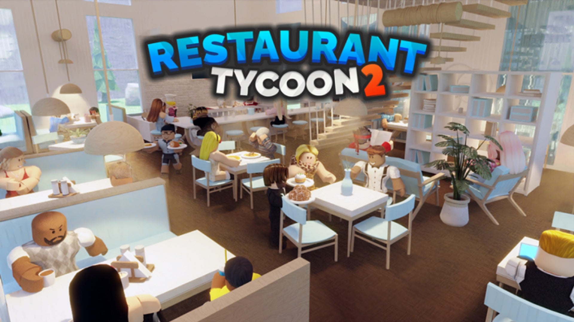 A bustling restaurant scene in Roblox, with the Restaurant Tycoon 2 logo overlaid on it. - 1