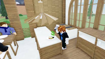 A Roblox character cooking a Malaysian meal while an excited customer sits nearby in the game Restaurant Tycoon 3.