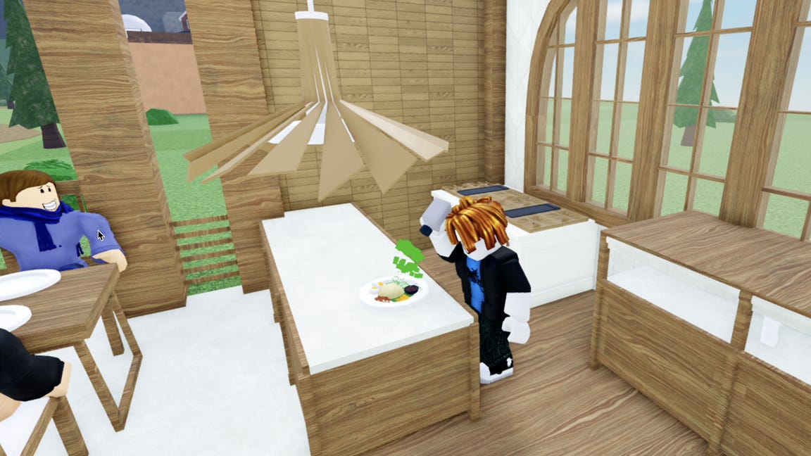 A Roblox character cooking a Malaysian meal while an excited customer sits nearby in the game Restaurant Tycoon 3.