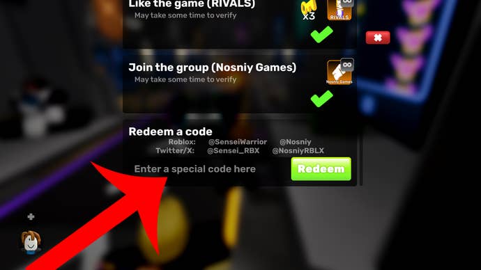 Arrow pointing at the menu used to redeem codes in the Roblox game Rivals.