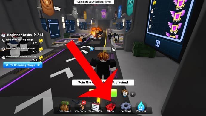Arrow pointing at the Shop button in the Roblox game Rivals.