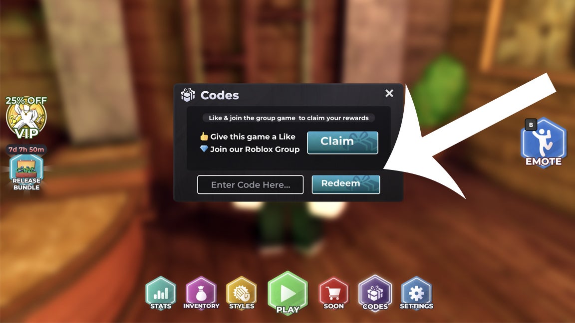 An arrow pointing at the codes menu in the Roblox game Slap.