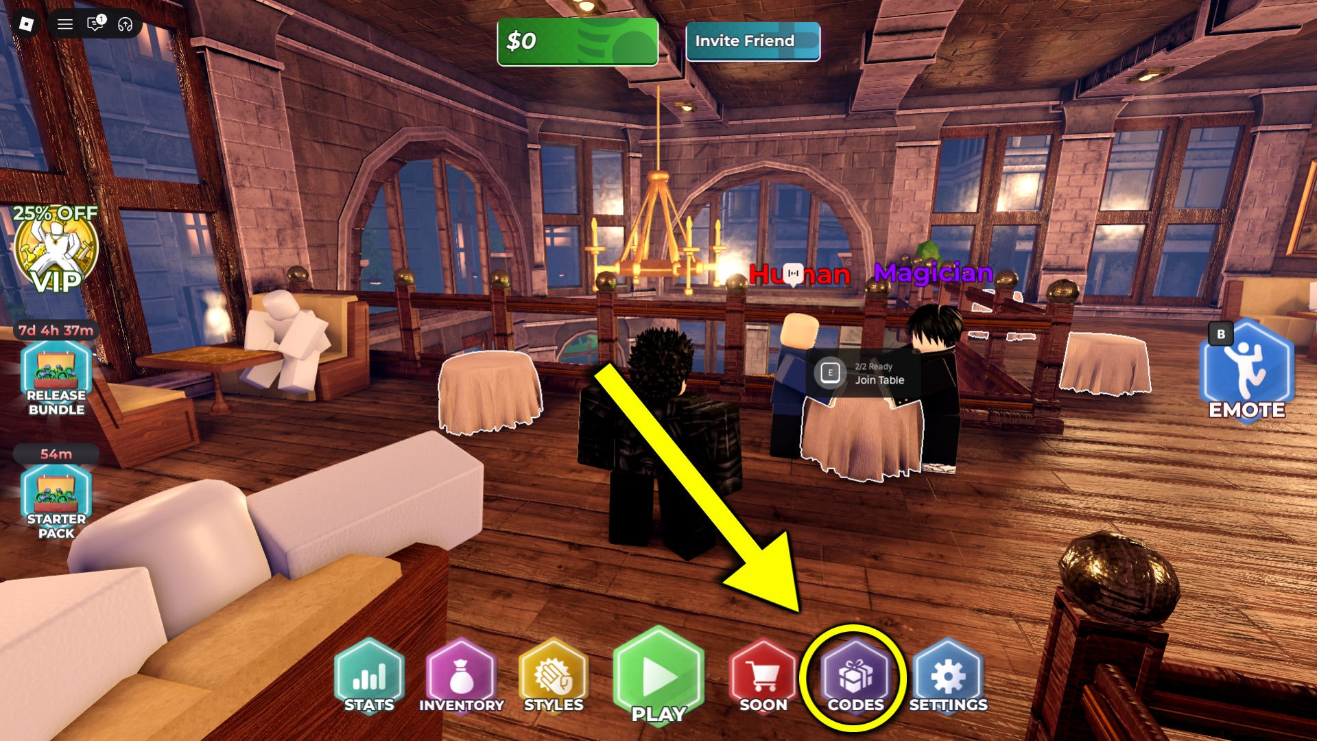 An in-game screenshot from the Roblox game, Slap, featuring an arrow pointing to the in-game codes button where the player can redeem codes. - 3
