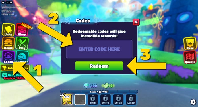 The code redeem window in SpongeBob Tower Defense, a Roblox game, with yellow arrows and numbers explaining the code redemption process.