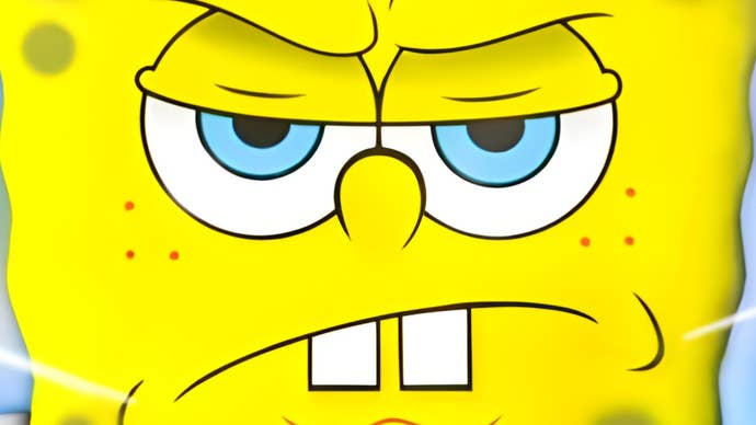 A close-up of SpongeBob’s face from some promo art for SpongeBob Tower Defense, a Roblox game.