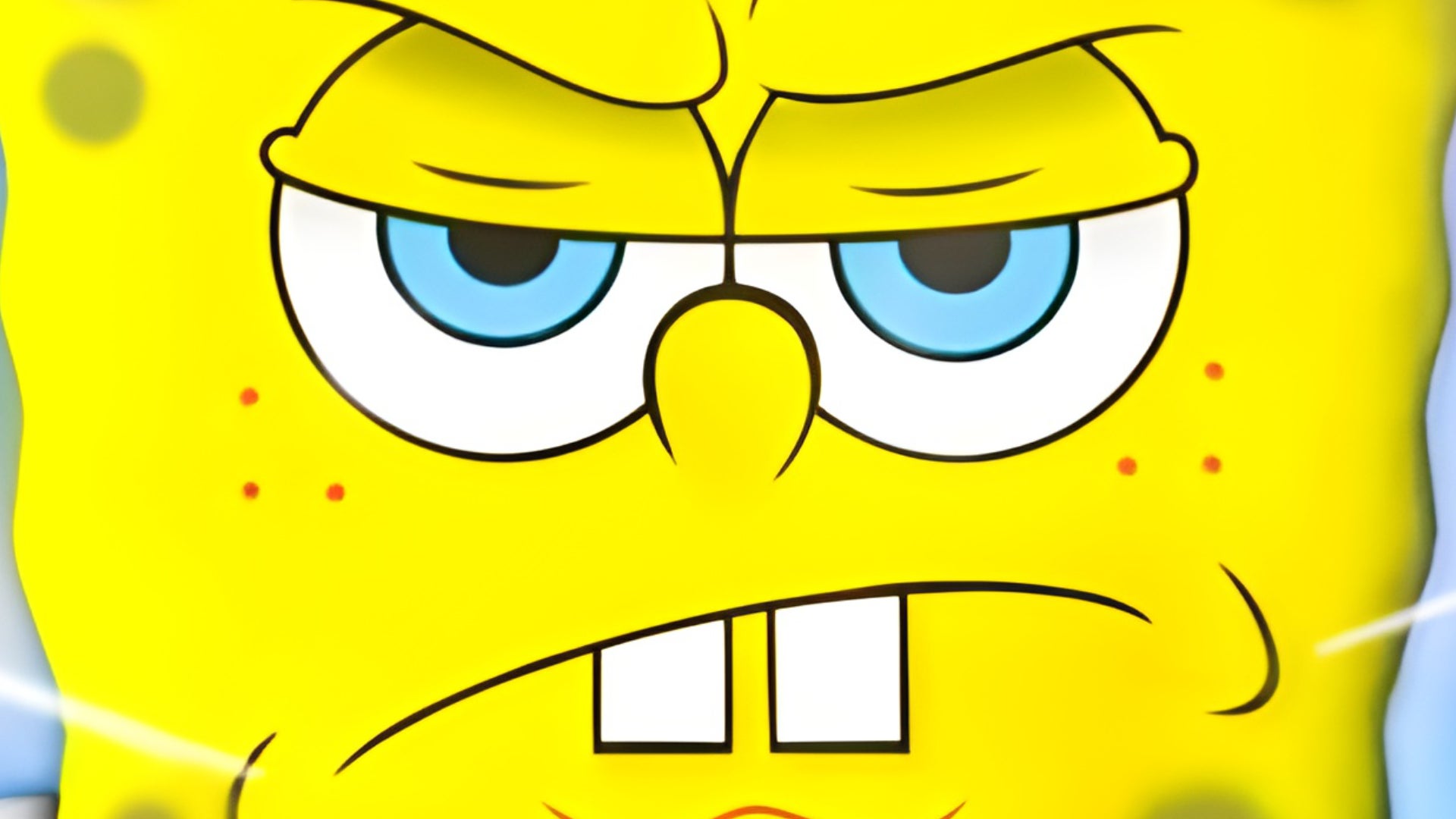 A close-up of SpongeBob's face from some promo art for SpongeBob Tower Defense, a Roblox game. - 1