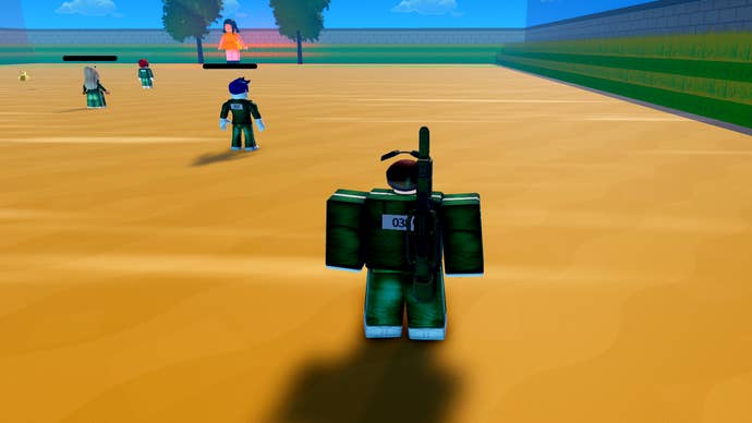 Four players playing Red Light, Green Light in the Roblox game, Squid Game X.