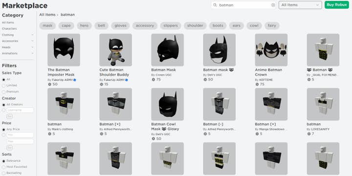 A screenshot of the Roblox Marketplace search results for "Batman" with a variety of user-made goods using the name and logo of Batman, some offered by verified creators, all charging Robux currency to get them.