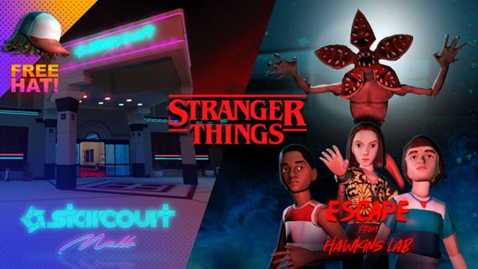 A split image: on the left, the entrance to Starcourt Mall; on the right, a Demogorgon menacing characters Eleven, Lucas, and Will. Text in image reads “Stranger Things: Escape from Hawkins Lab”.