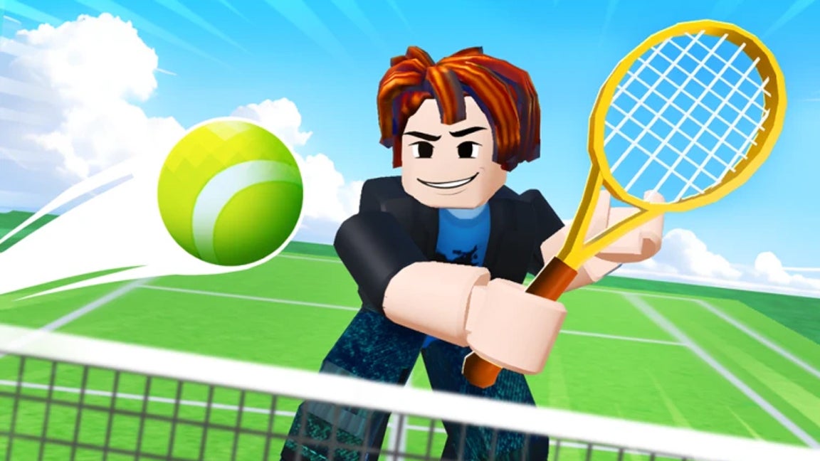 Artwork for the Roblox game Tennis! showing a character at the net holding a raquet getting ready to volley a ball.