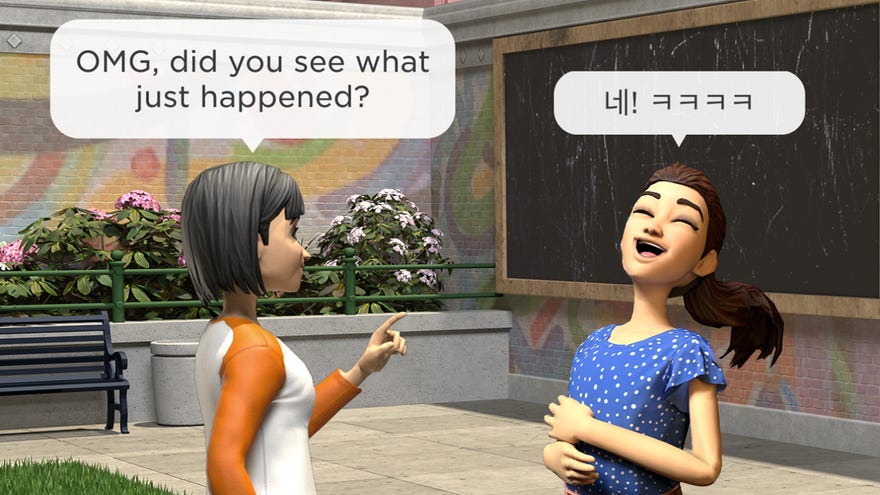 Two player avatars converse in different languages in Roblox