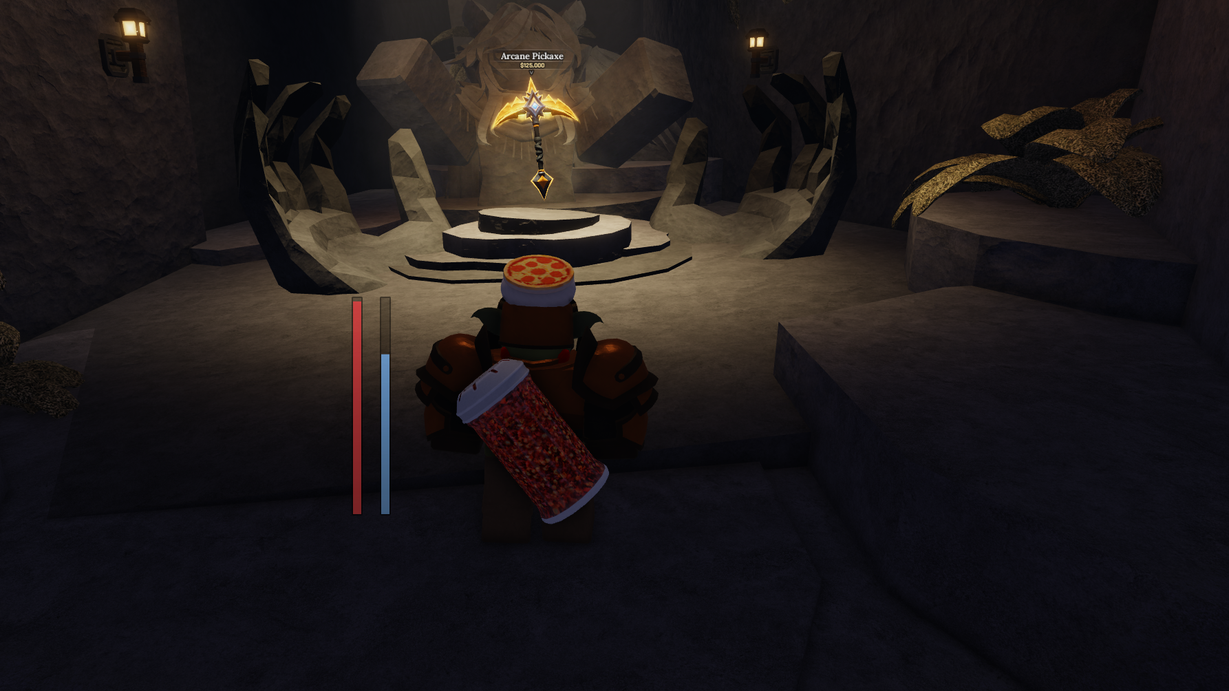 A goblin character walking towards the resting place of the Arcane Pickaxe in the Roblox game, The Forge.