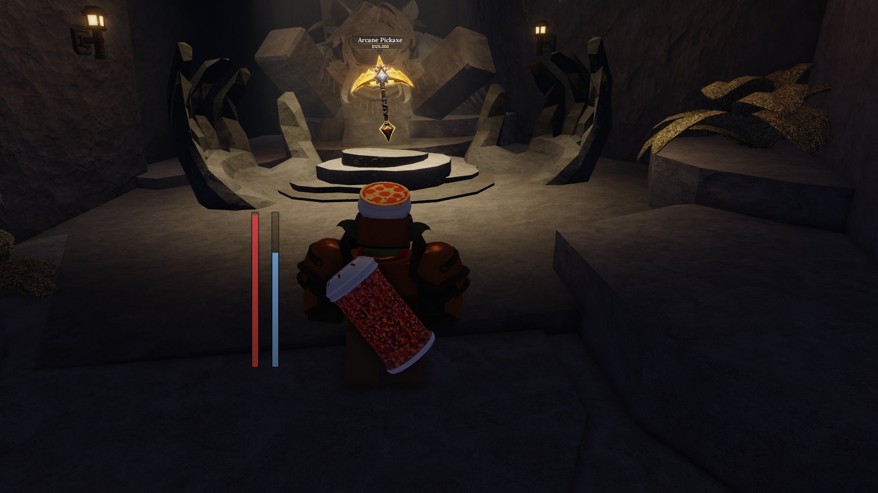 A goblin character walking towards the resting place of the Arcane Pickaxe in the Roblox game, The Forge. - 1