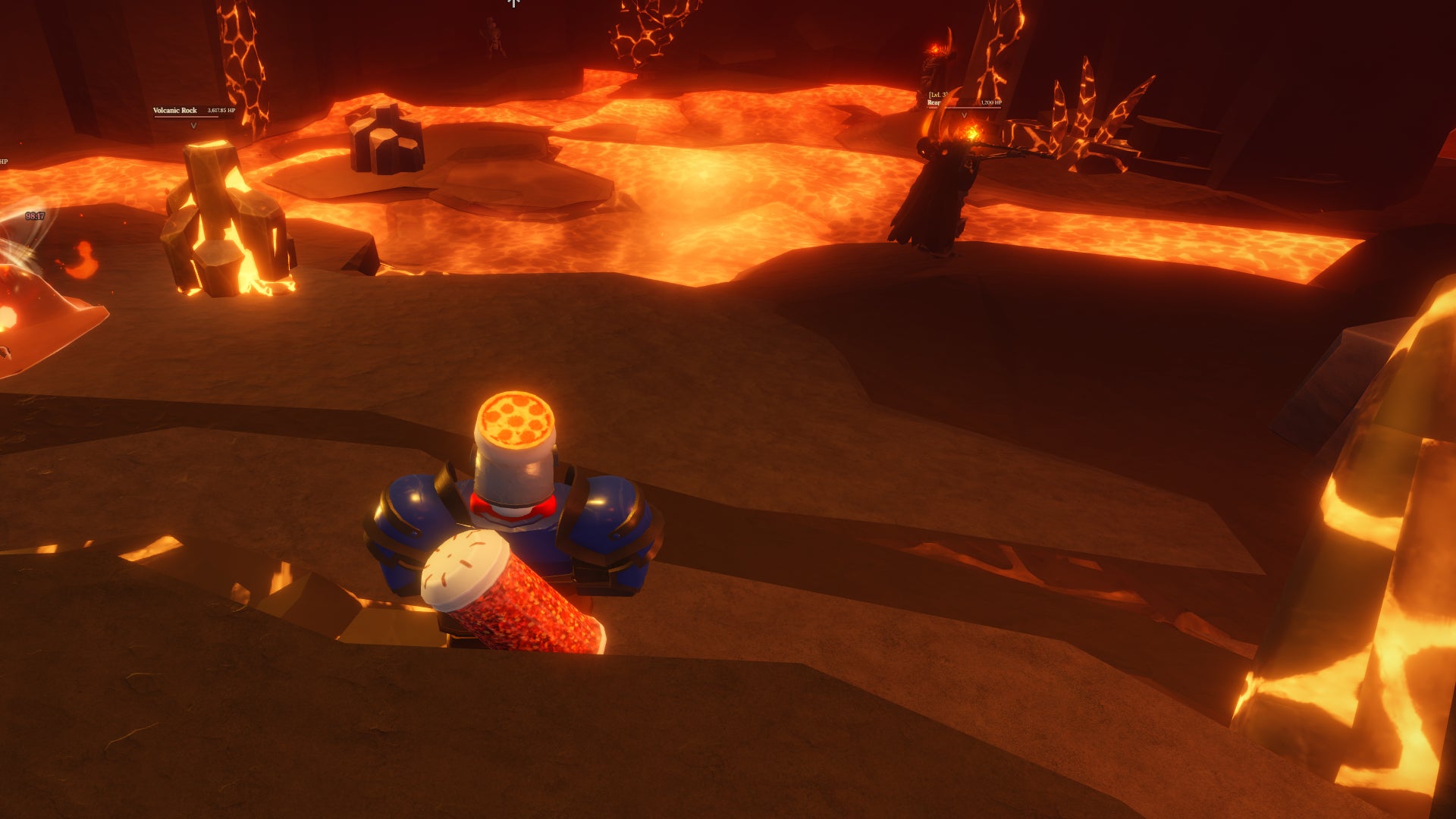 A goblin character standing in the Volcanic Depths in the Roblox game, The Forge. - 1