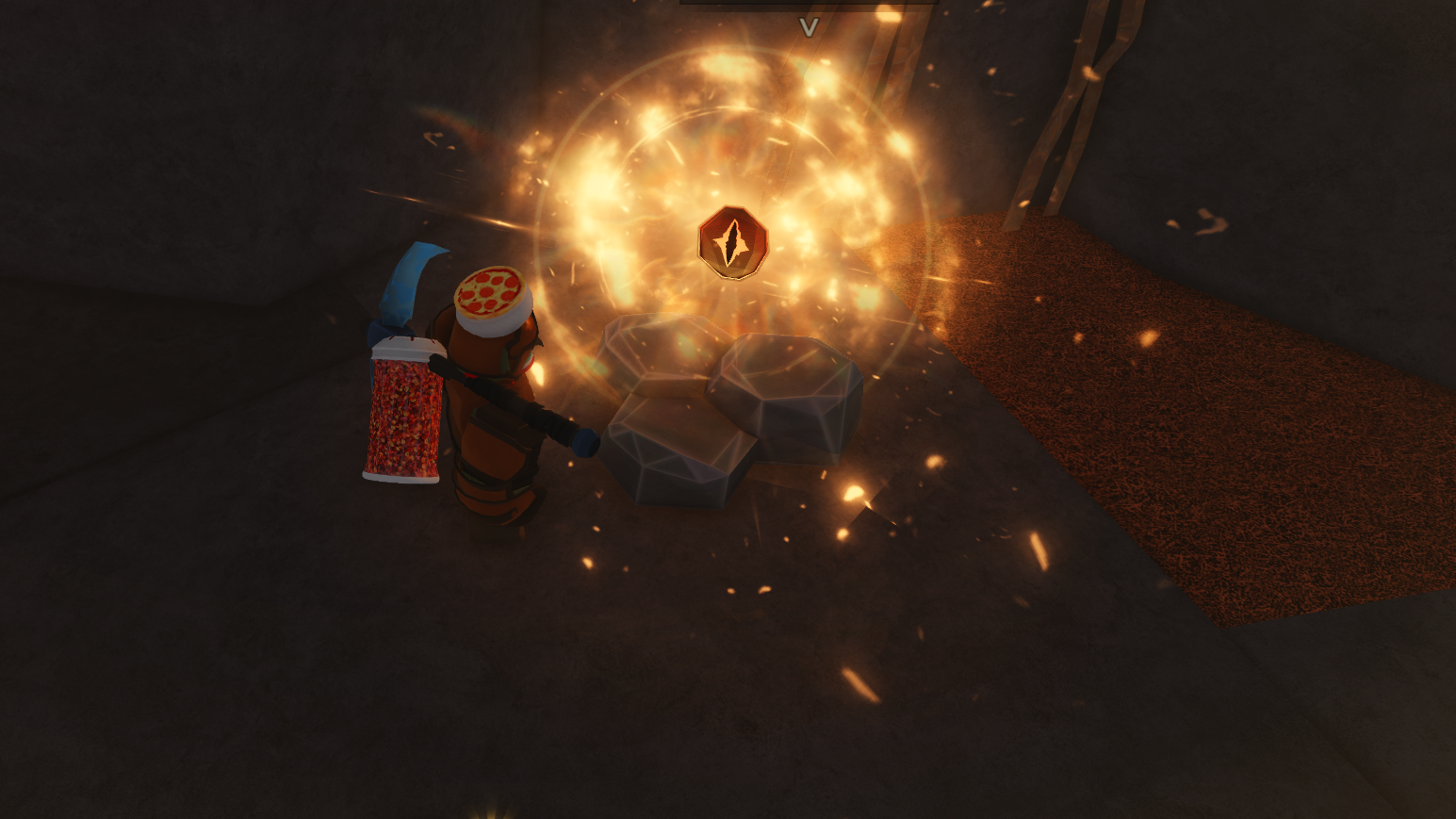 A goblin character mining an Eye Ore in the Roblox game, The Forge.