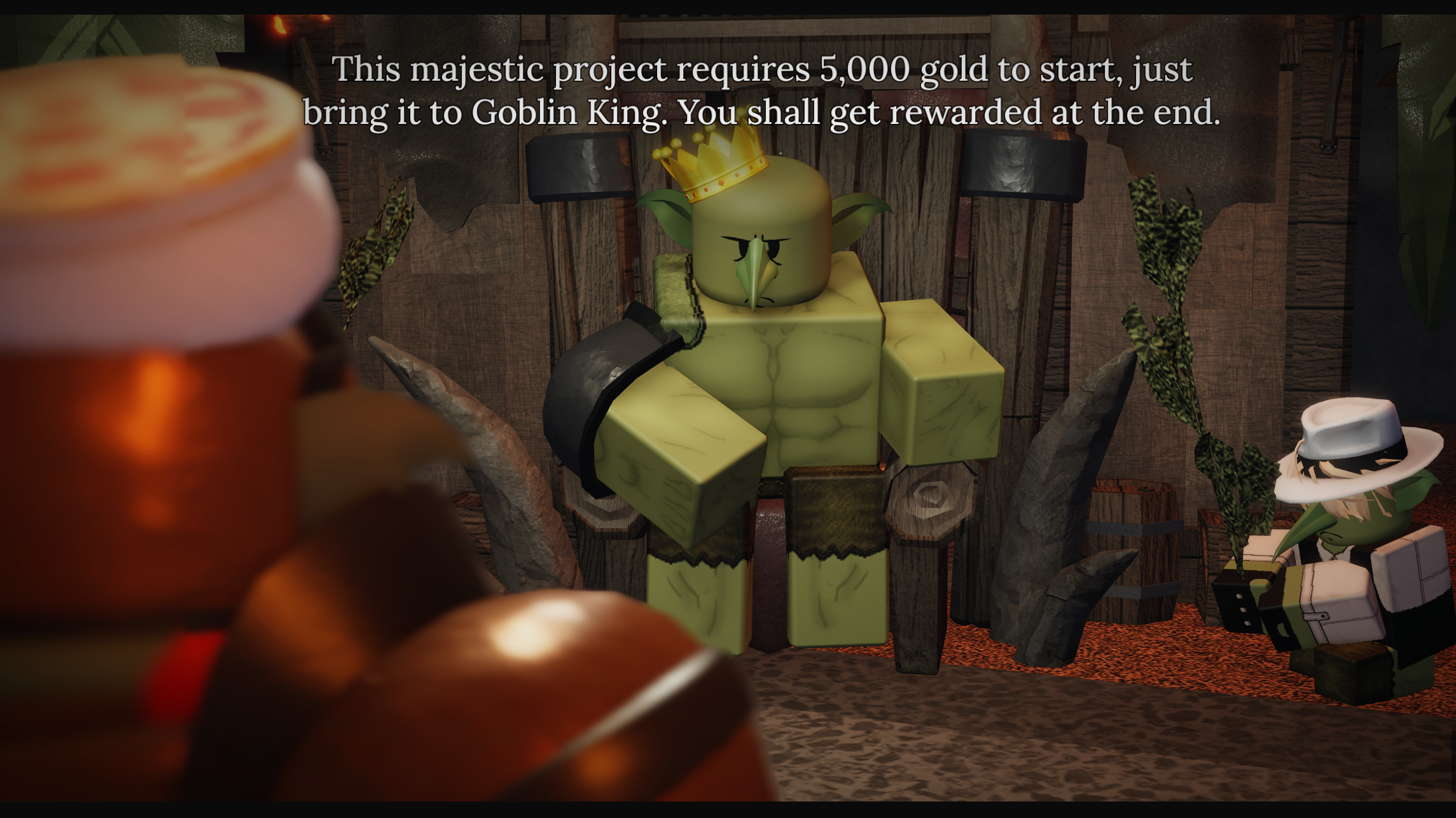 A character speaking to the Goblin King in the Roblox game, The Forge. - 3