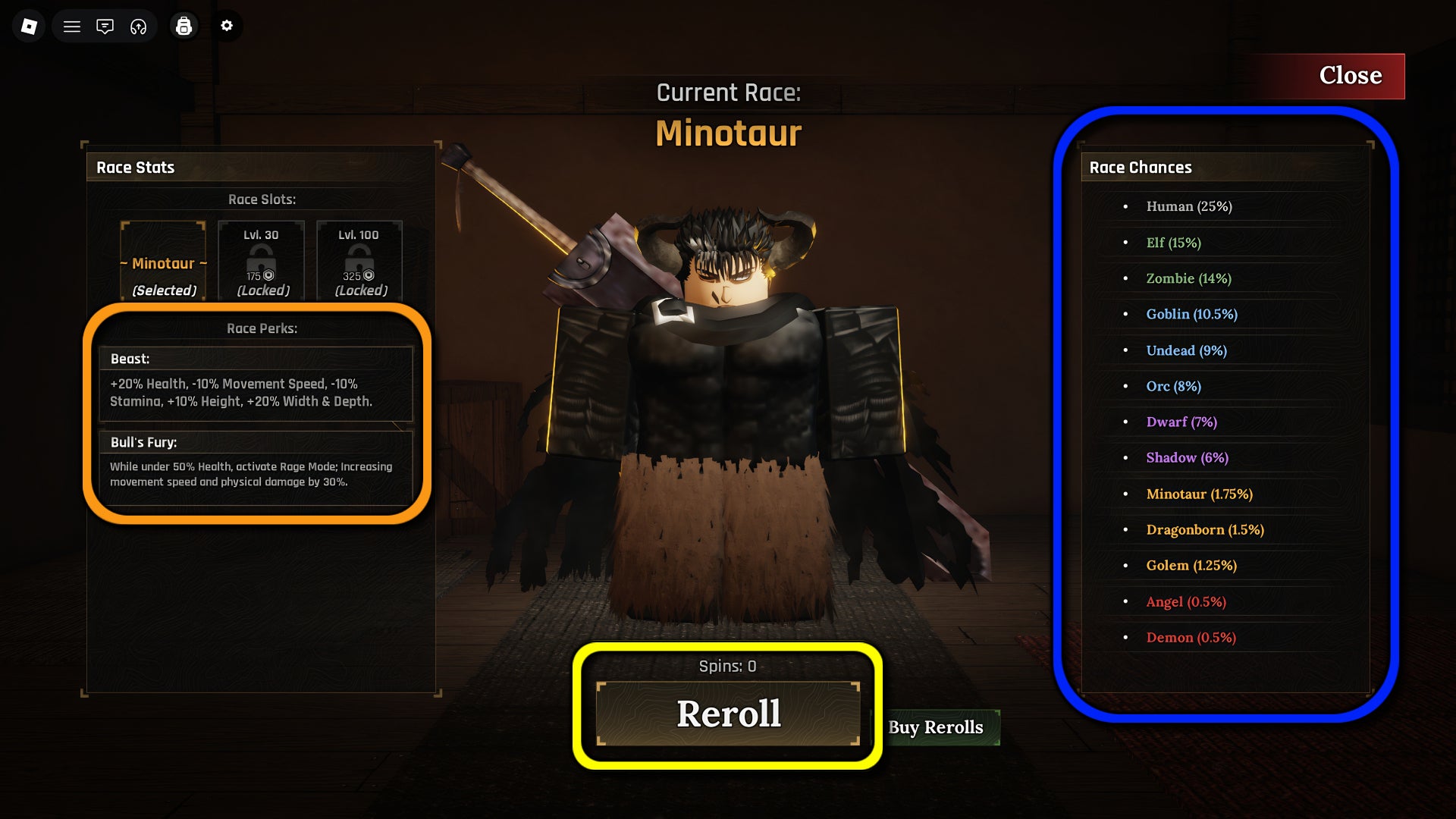 A screenshot from the Race Menu in the Roblox game, The Forge, featuring several boxes highlighting the reroll button, perks screen and Race chances list. - 4