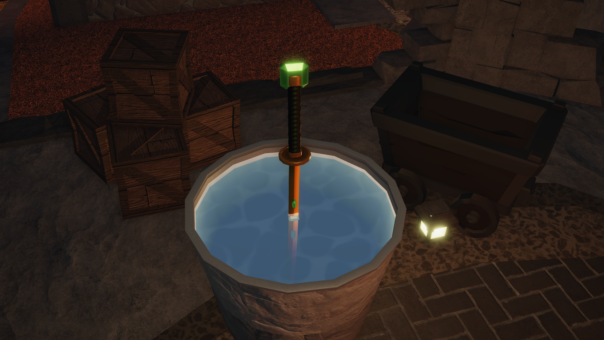 A crafted katana being quenched in a vat of water in the Roblox game, The Forge.