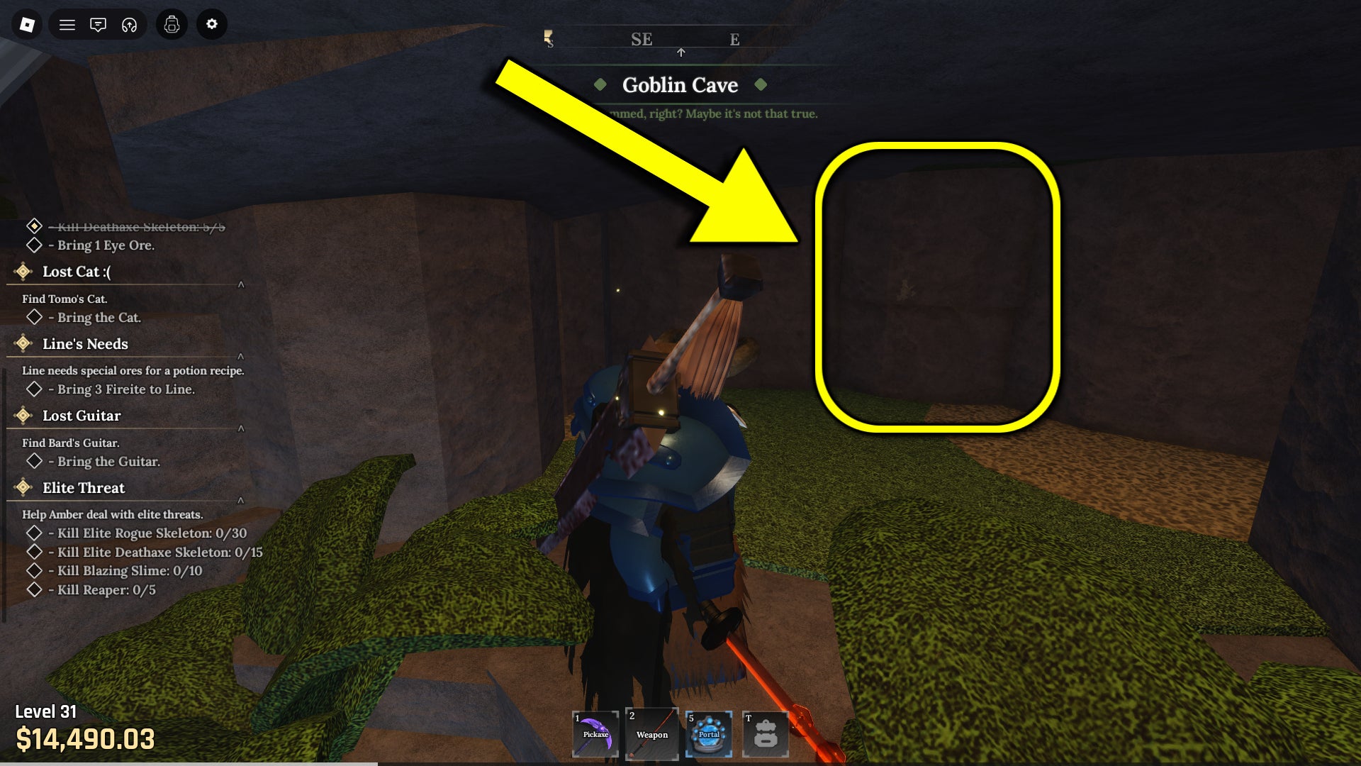 A screenshot from the Roblox game The Forge, showing the secret wall in the Goblin Cave where players can find Tomo's cat. - 7