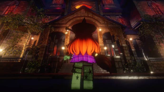 A Roblox character in a witch outfit stands outside Axbury Manor, the location of the Halloween-themed The Haunt event.