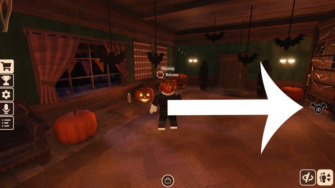 Arrow pointing at the button players need to press to capture a picture in one of the participating experiences for Roblox The Haunt.