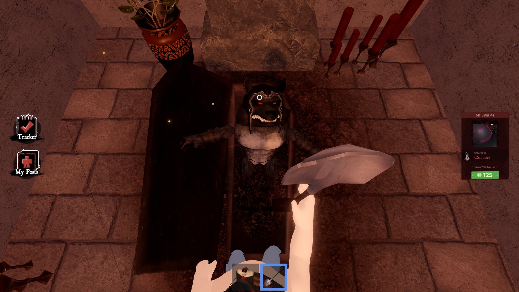A character in Roblox digging up the Pure Light Lantern in The Haunt. - 1