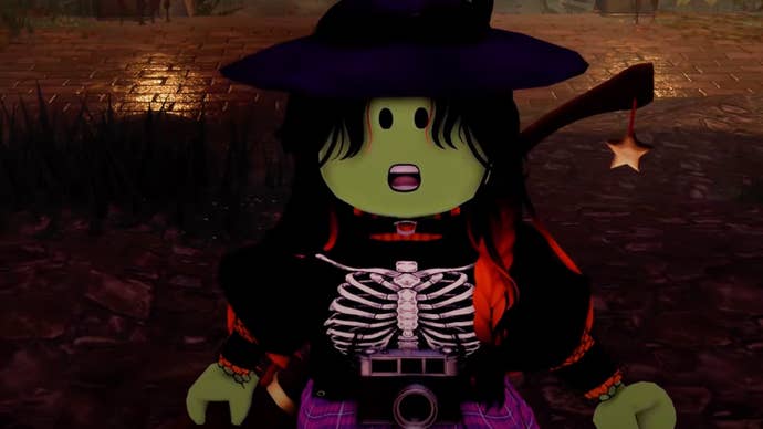 A Roblox character dressed up in a witch’s outfit looking shocked in a promo for The Haunt event.