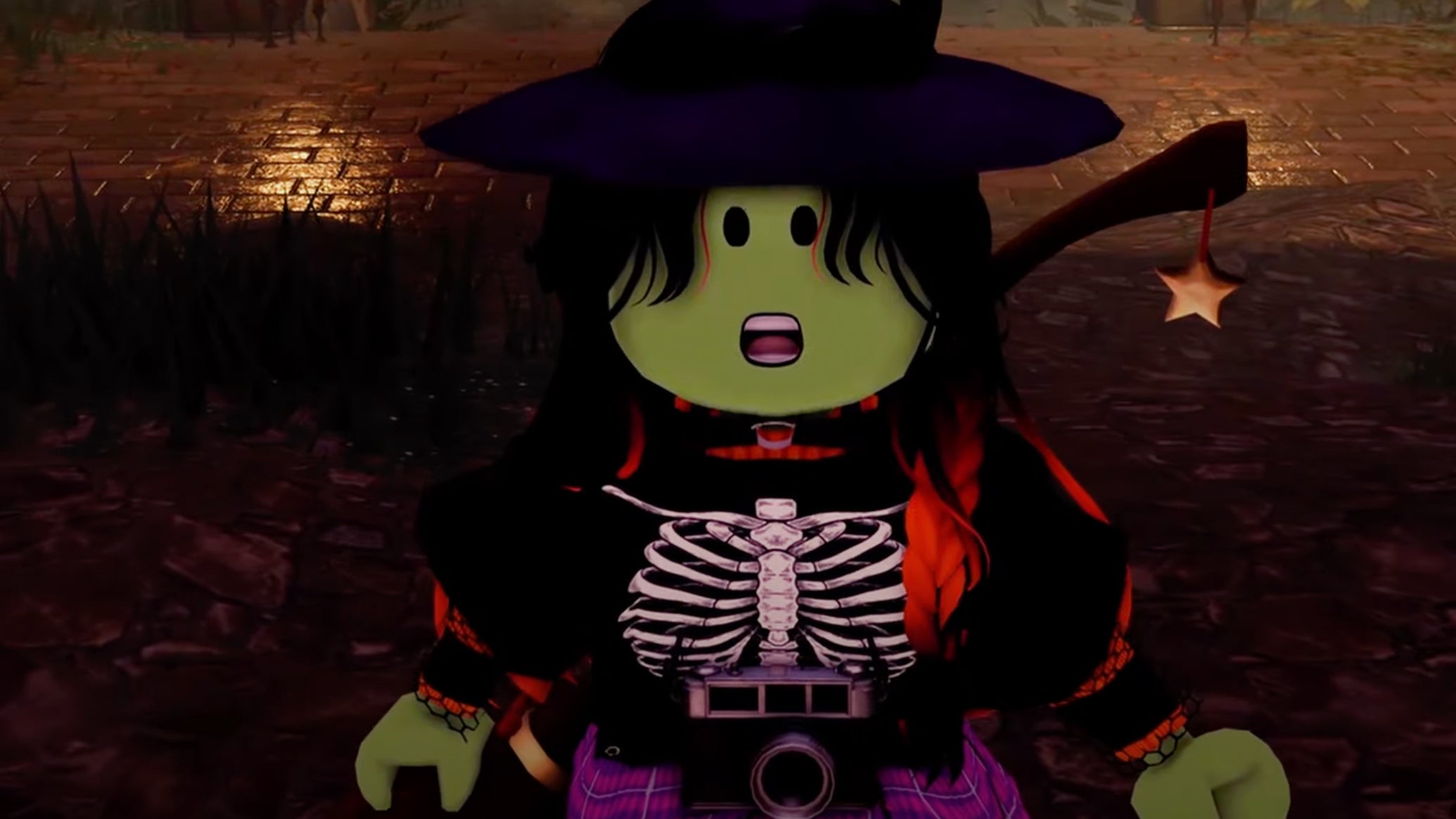 A Roblox character dressed up in a witch's outfit looking shocked in a promo for The Haunt event. - 1