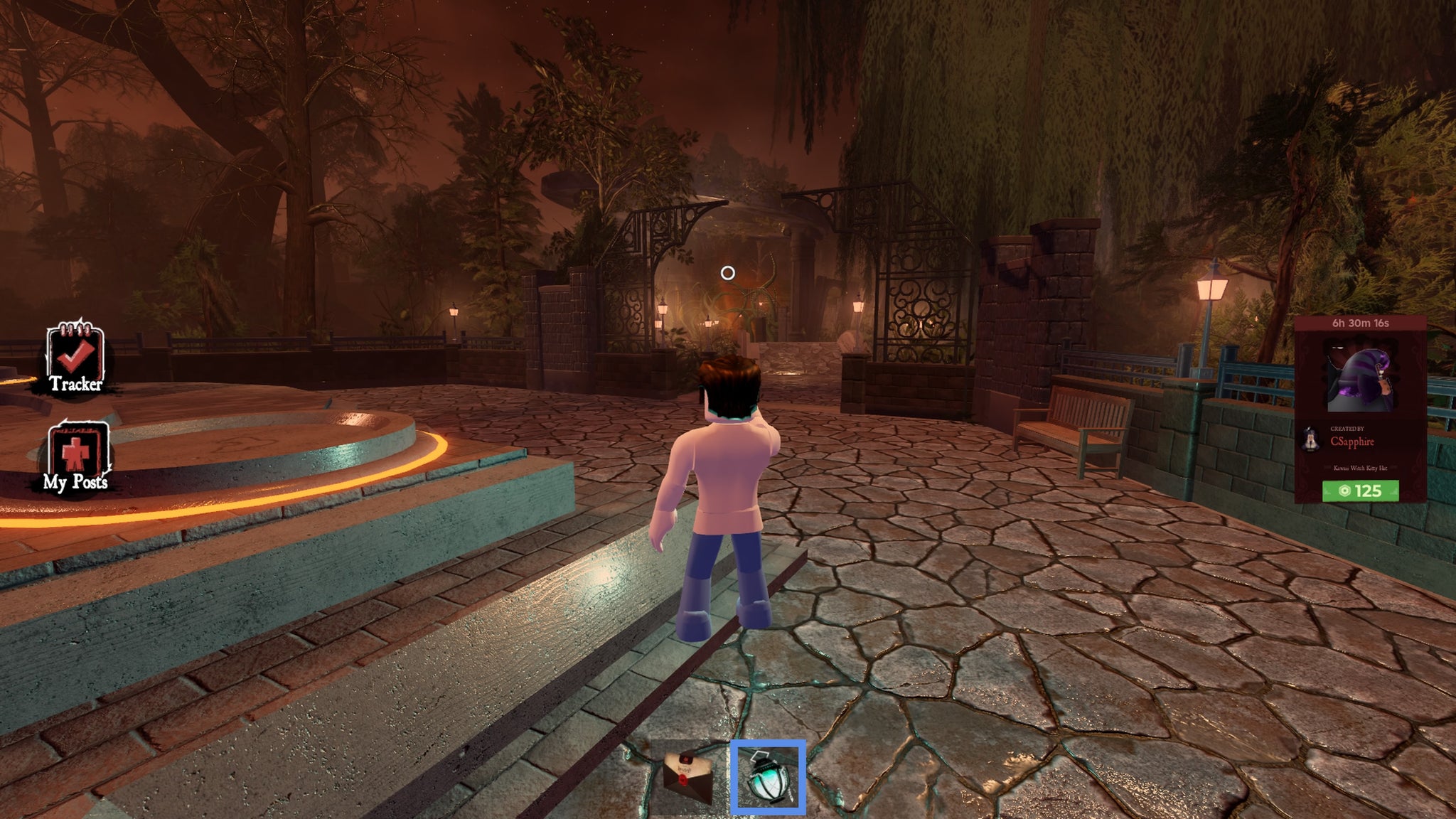 A character in Roblox standing next to the fountain on the way to the maze in The Haunt. - 3