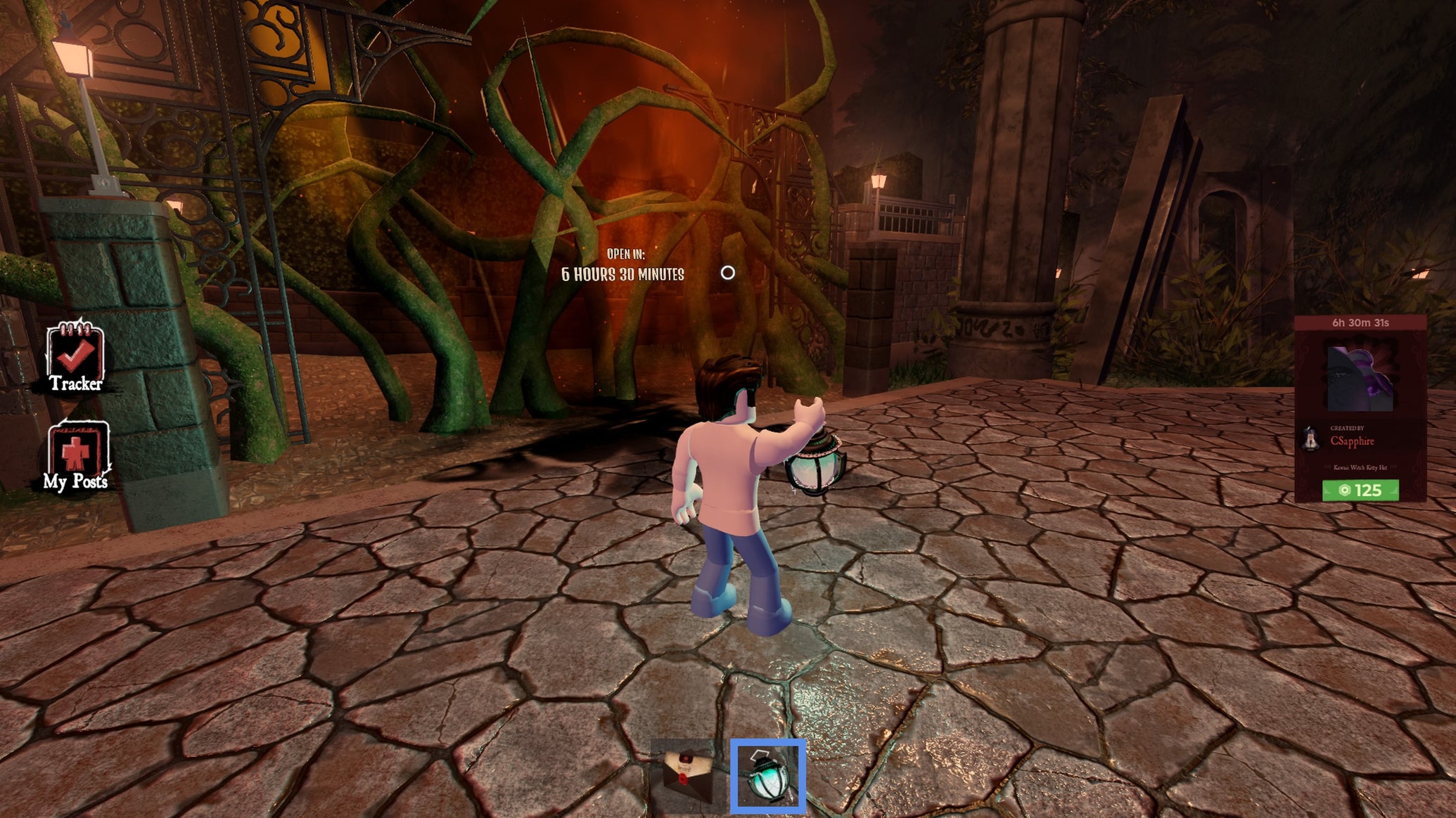 A character in Roblox standing next to the entrance to the maze in The Haunt. - 1