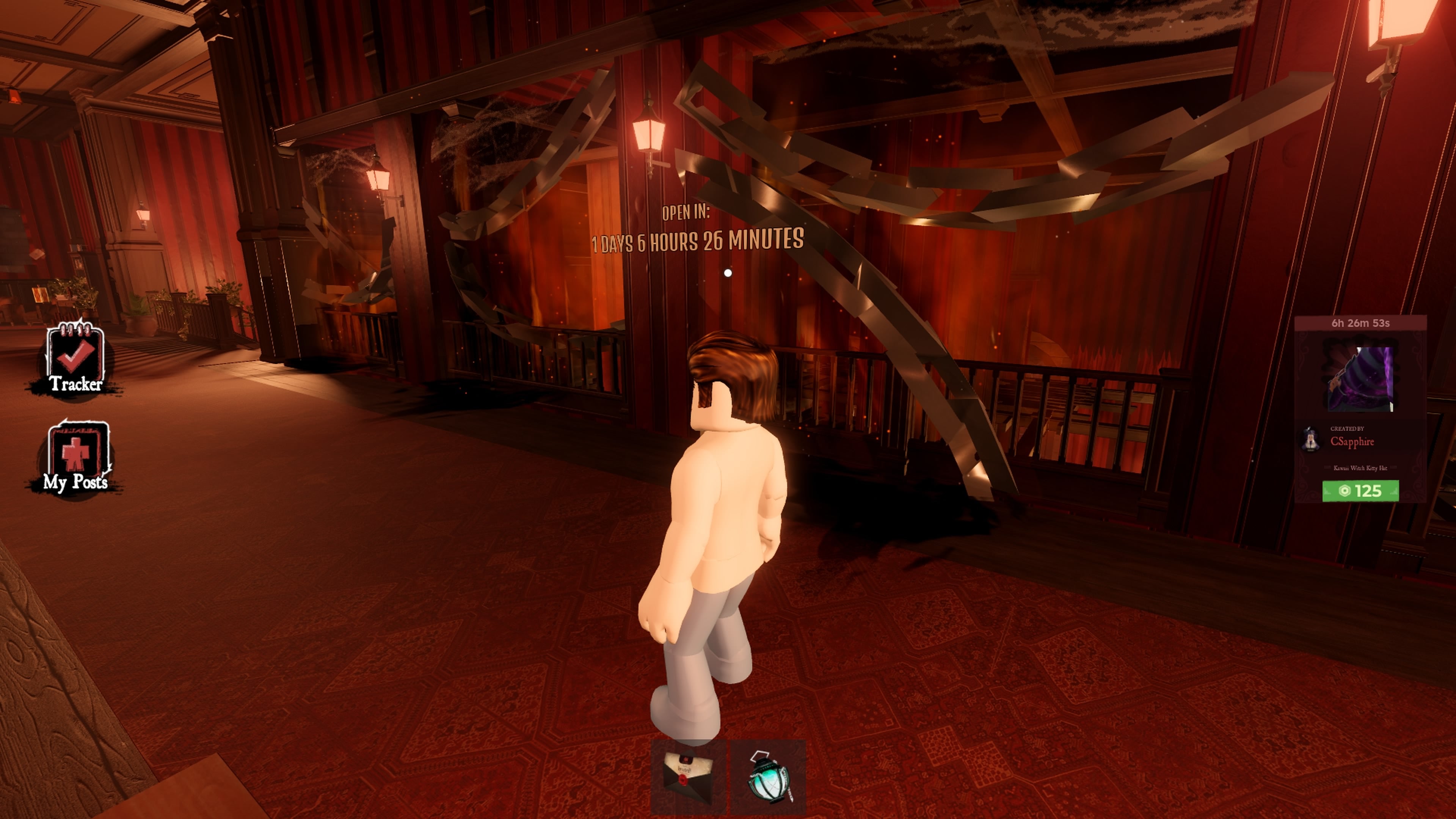 A character in Roblox standing next to the upper level of the Mirror Room in The Haunt.