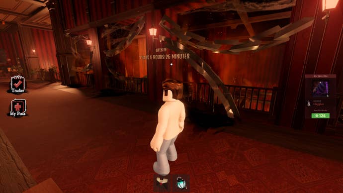 A character in Roblox standing next to the upper level of the Mirror Room in The Haunt.