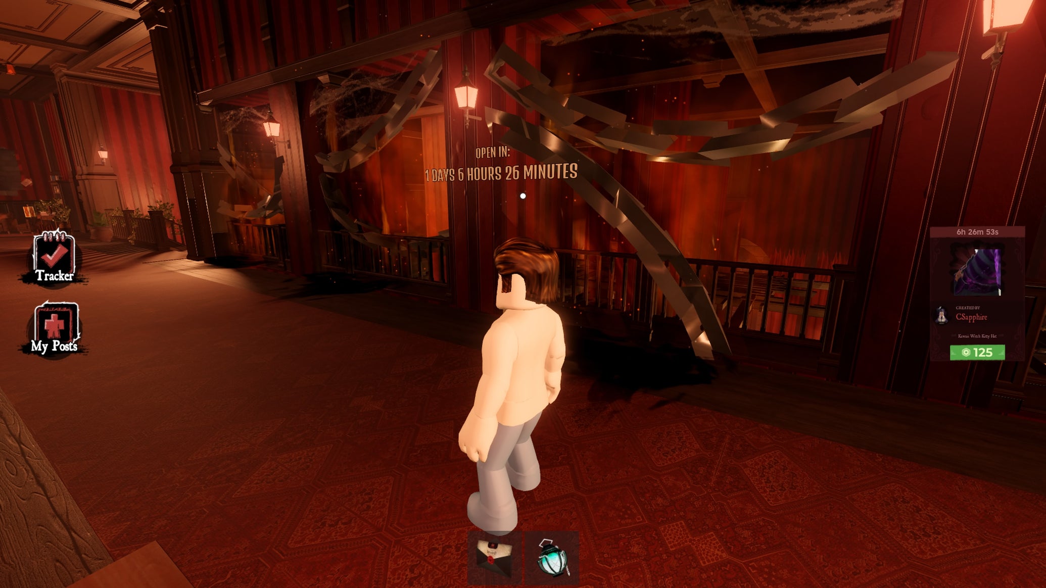 A character in Roblox standing next to the upper level of the Mirror Room in The Haunt. - 1