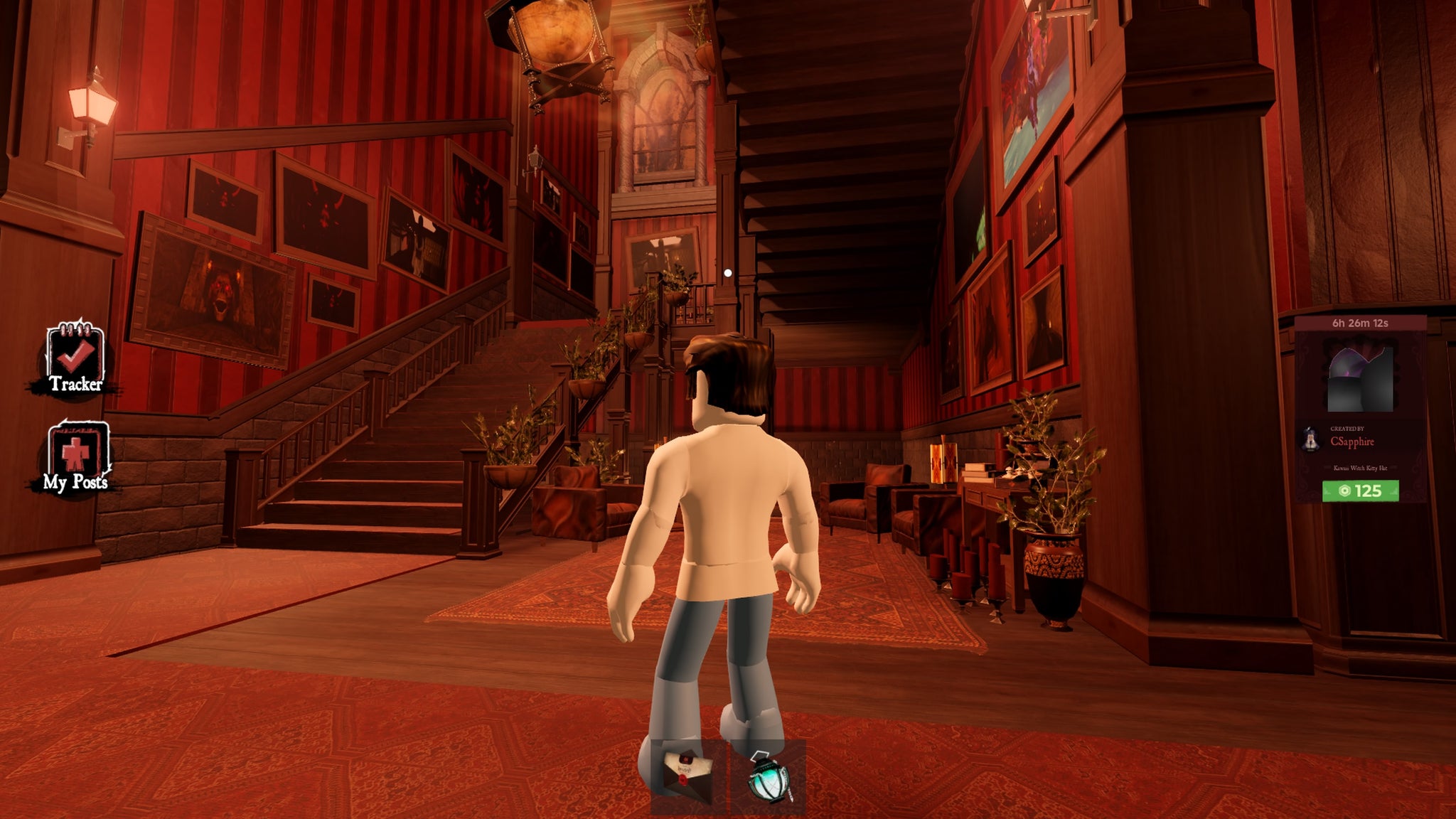 A character in Roblox standing in front of a grand staircase in The Haunt. - 3