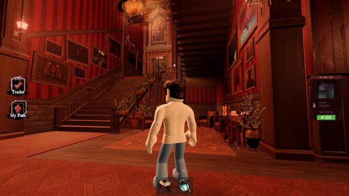 A character in Roblox standing in front of a grand staircase in The Haunt.