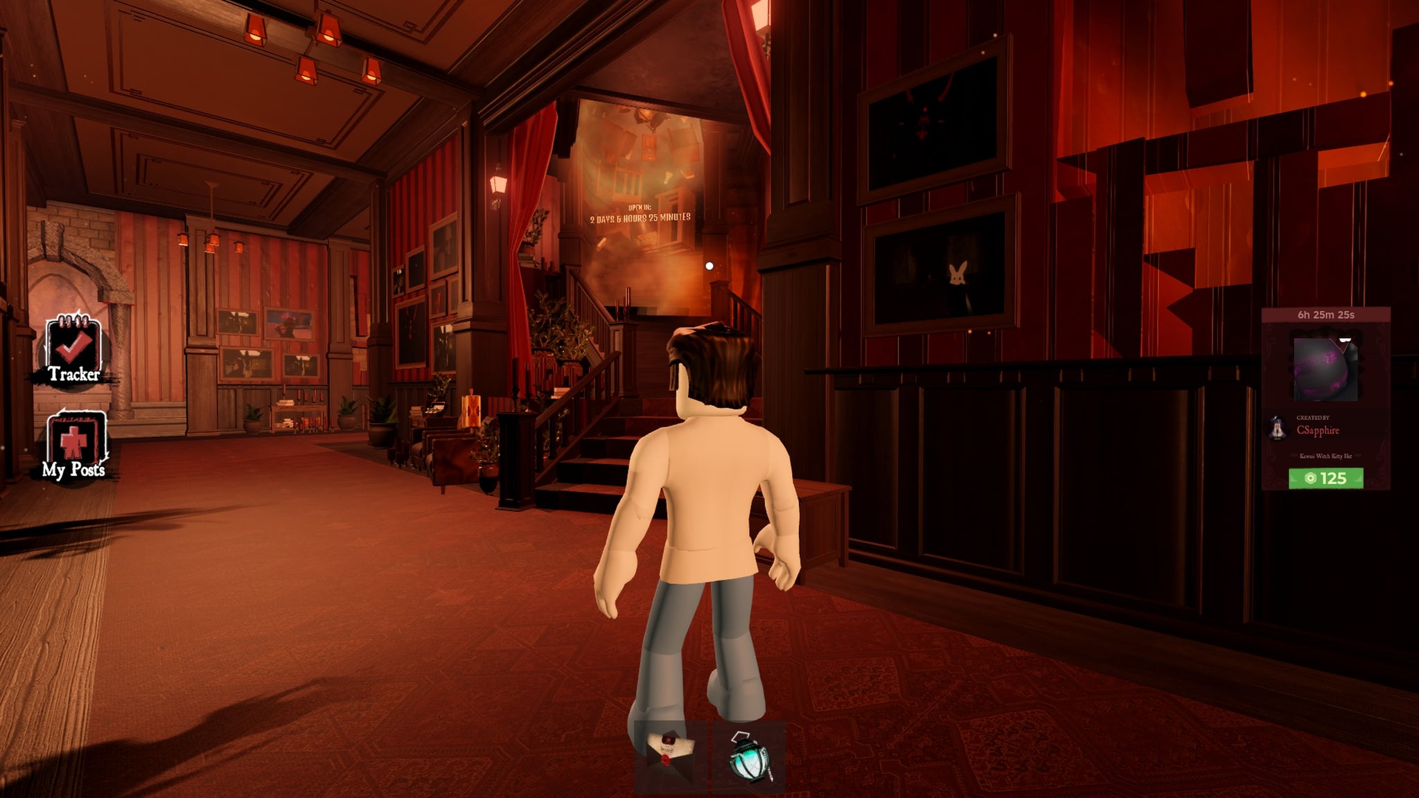 A character standing in front of the Pumpkin room in The Haunt in Roblox. - 4