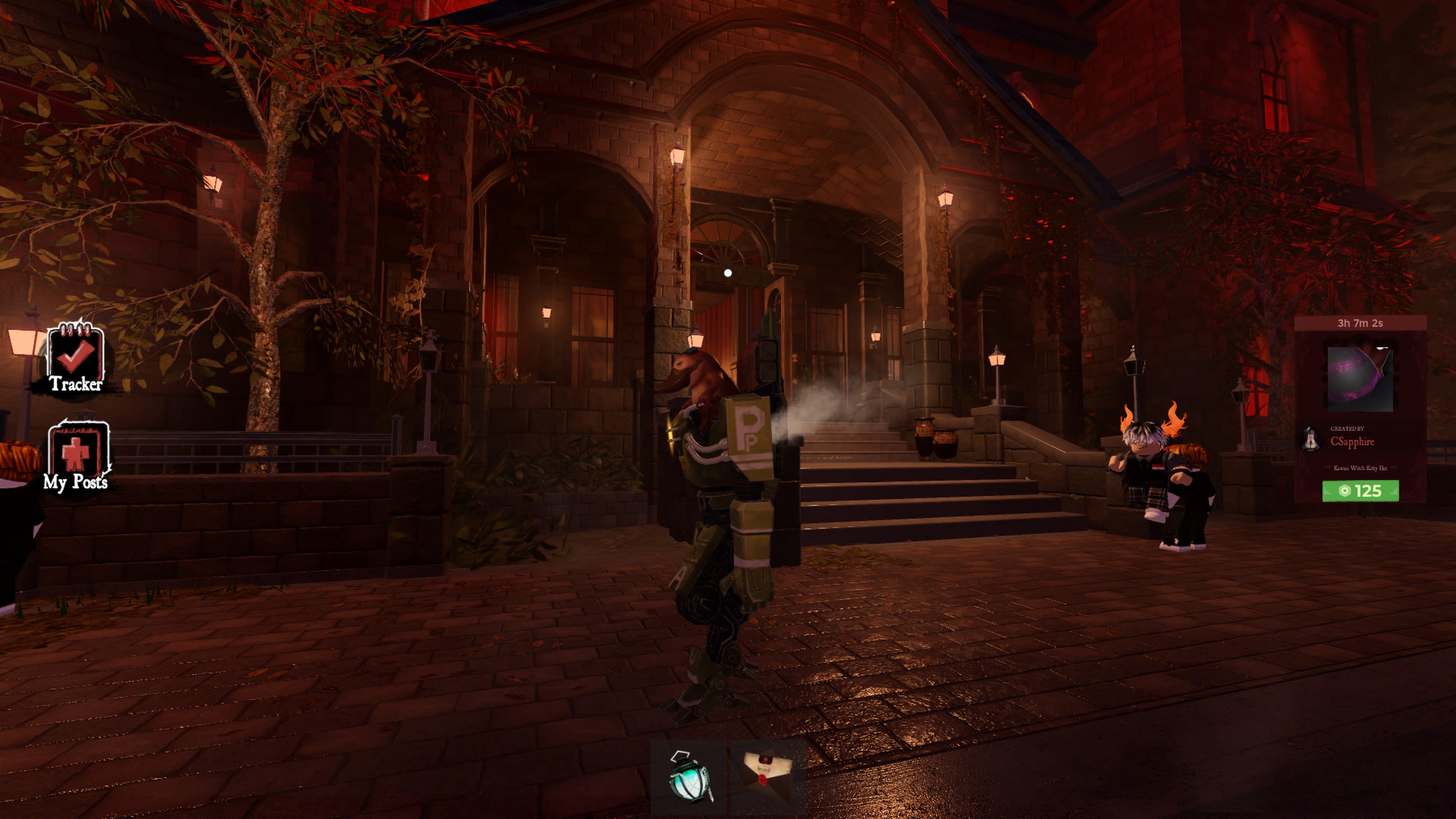 A character in Roblox standing in front of the Axbury Manor in The Haunt.