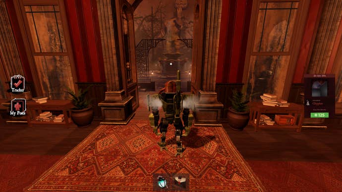 A character in Roblox standing next to the fountain at the rear of the Axbury Manor in The Haunt.