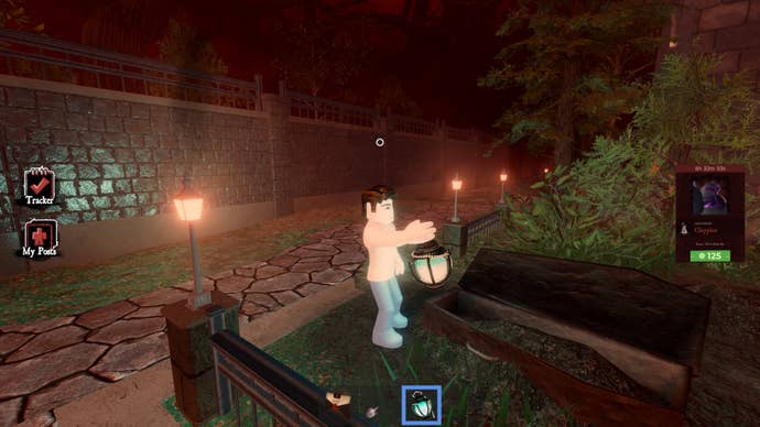 A character in Roblox holding the Pure Light Lantern in The Haunt.