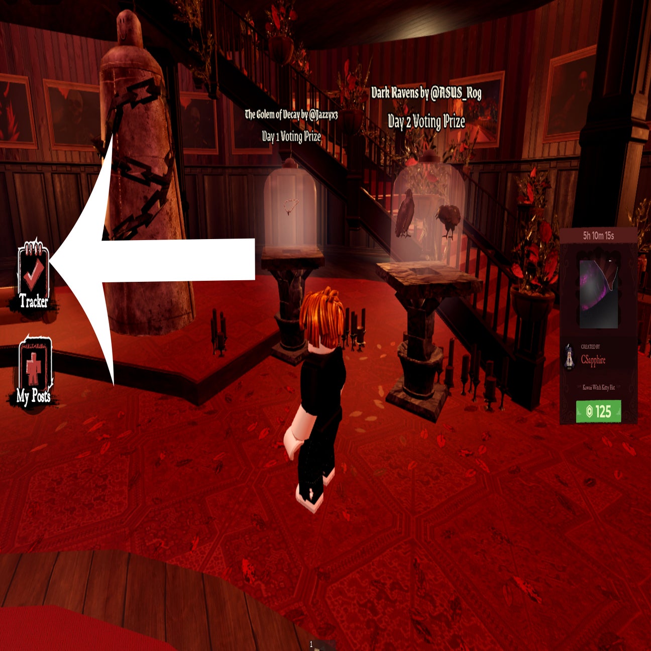 Roblox Halloween event hub with a player avatar and an event tracker interface
