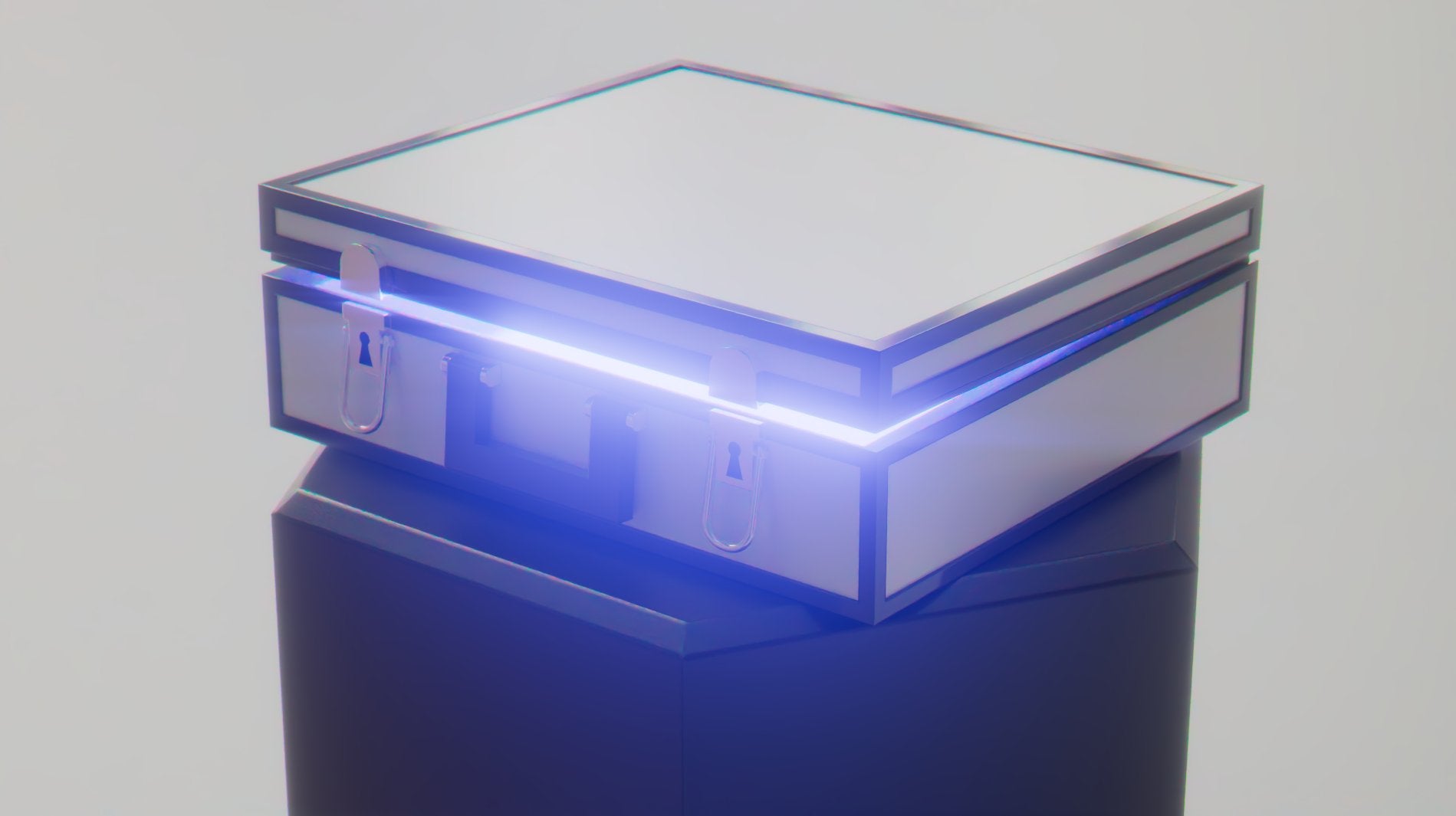 A white briefcase glowing with a purple light inside hiding the grand prize for Roblox's The Hunt: Mega Edition event.
