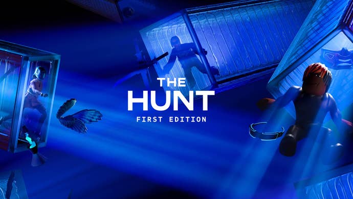 Artwork promoting The Hunt event for Roblox, showing Robloxified characters in large containers, surrounded by a dark blue glow.