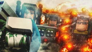 Three Roblox characters firing rockets amidst fire effects and smoke with a tank in the foreground.