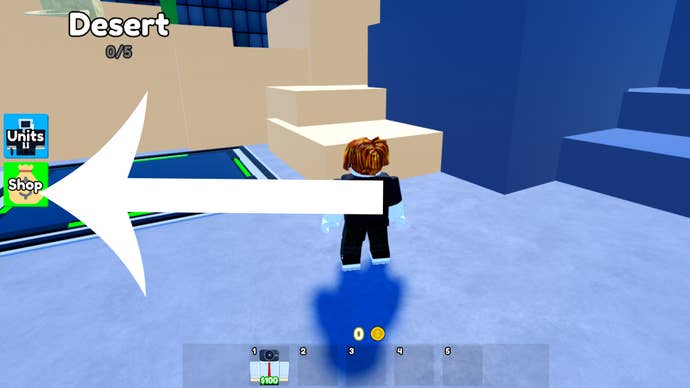 Arrow pointing at the button players need to press to access the Shop screen in Roblox game Toilet Tower Defense.