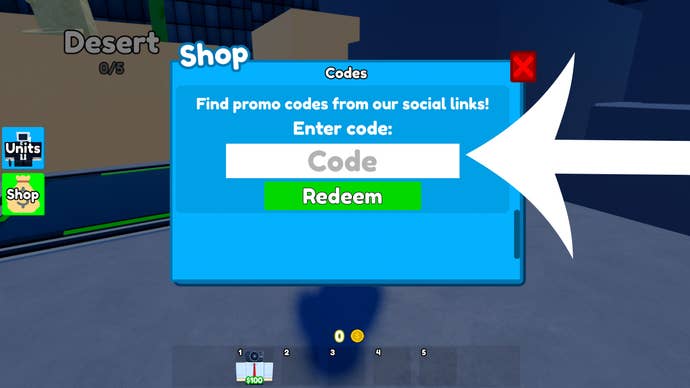 Arrow pointing at the Codes redemption screen in the Roblox game Toilet Tower Defense.